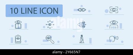Symbol für Augensatz. Vision, Buch, künstliche Intelligenz, menschliches Sehen, Beobachtung, Überwachung, Einblicke, Forschung, Lupe, digitales Sehen, fokussieren, klar Stock Vektor