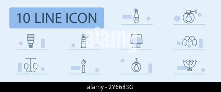 Symbol für Beleuchtungseinstellung. Leuchtstofflampe, Glühlampe, Spotlight, Tischlampe, Kronleuchter, Laterne, Leuchtturm, Kerze, Wandleuchte, Menora, Beleuchtung, hell Stock Vektor