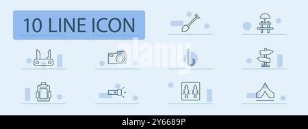 Symbol für Wanderungen. Schaufel, Picknicktisch, Messer, Kamera, Taschenlampe, Fischhaken, Wegweiser, Kiefern, Zelt, Outdoor-Ausrüstung, Camping, Angeln, Navigation, A Stock Vektor