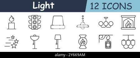 Symbol für Lichteinstellung. Kerze, Ampel, Lampe, Deckenleuchte, Kronleuchter, Kamin, Sternschnuppen, Pendelleuchte, Stehlampe, Laterne, Straßenlaterne, ha Stock Vektor