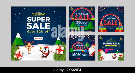 Vektor-Illustration der Vorlage für den Feed-Satz „Merry Christmas Sale“ in sozialen Medien Stock Vektor