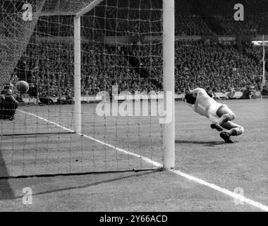 England gegen Mexiko bei Wembley Mota, Mexikos Torhüter, schleudert sich über das Netz, um Englands zweites Tor zu stoppen, das von Bobby Charlton von Manchester United erzielt wurde (nicht im Foto). Mai 1961 Stockfoto