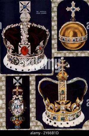 Symbole der Macht und Herrlichkeit und des christlichen Glaubens: St. Eduard's Crown, Imperial State Crown, Souveränes Orb und das Haupt des Royal Secptre mit Kreuz. Die kaiserliche Staatskrone, die 1838 für Königin Victoria gebaut wurde, zeigt vor dem Rubin des Schwarzen Prinzen. Der Sovereign's Orb für Karl II. Royal Secptre mit dem Kreuz, das den Stern von Afrika zeigt. St. Eduard's Krone aus Karl II. Stockfoto