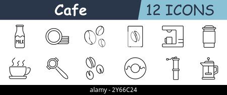 Café Set Symbol. Milchflasche, stapelbare Teller, Kaffeebohnen, Kaffeebeutel, Espressomaschine, To-Go-Tasse, Dampfbecher, Portafilter, Kaffeemühle, Donut, m Stock Vektor