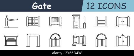 Symbol „Gate Set“. Holztore, Doppeltüren, Bauernhof-Tor, dekoratives Tor, Sicherheitstor, traditioneller Eingang. Eingänge, Zäune und Sicherheitszwecke Stock Vektor