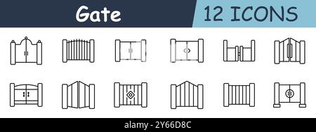 Symbol „Gate Set“. Holztore, Doppeltüren, Bauernhof-Tor, dekoratives Tor, Sicherheitstor, traditioneller Eingang. Eingänge, Zäune und Sicherheitszwecke Stock Vektor