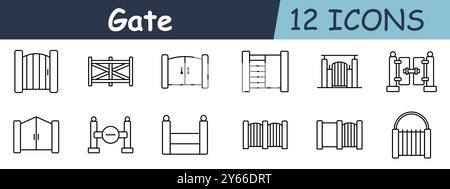 Symbol „Gate Set“. Holztore, Doppeltüren, Bauernhof-Tor, dekoratives Tor, Sicherheitstor, traditioneller Eingang. Eingänge, Zäune und Sicherheitszwecke Stock Vektor