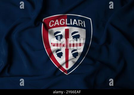 Pringsewu, Lampung 24. September 2024; Selective Focus Flag Logo Textur von Cagliari Hintergrund. Italienische Fußballvereinsflagge der Serie A. 3D-Abbildung Stockfoto