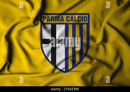 Pringsewu, Lampung 24. September 2024; selektive Focus-Flaggenlogostruktur von Parma Calcio Hintergrund. Italienische Fußballvereinsflagge der Serie A. 3D-Illustration Stockfoto