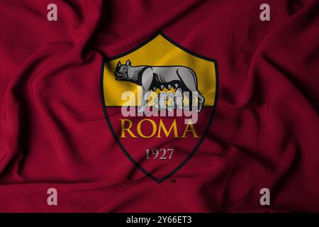 Pringsewu, Lampung 24. September 2024; Selective Focus Flag Logo Textur von AS Roma Hintergrund. Italienische Fußballvereinsflagge der Serie A. 3D-Abbildung Stockfoto