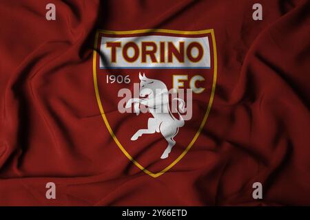 Pringsewu, Lampung 24. September 2024; Selective Focus Flaggenlogostruktur des Torino FC Hintergrunds. Italienische Fußballvereinsflagge der Serie A. 3D-Abbildung Stockfoto