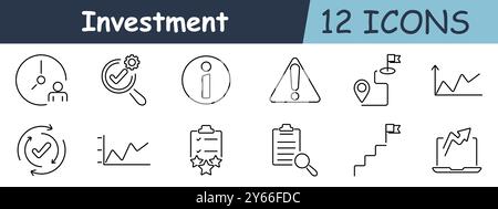 Symbol „Investitionsgruppe“. Uhr, Gang, Häkchen, Informationen, Warnung, Position, Diagramm, Zwischenablage, Flagge, Statistiken, Analyse, Erfolg, Strategie. Stock Vektor