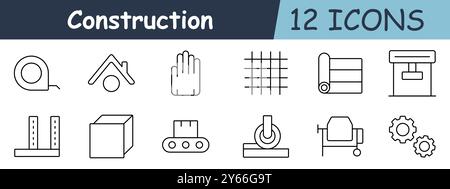 Symbol Construction Set. Holzplanke, Rohr, Eimer, Säule, Haus, Förderband, Bergbauwagen, Metallträger, Werkzeuge, Fundamente, Gebäude, Materialien Stock Vektor