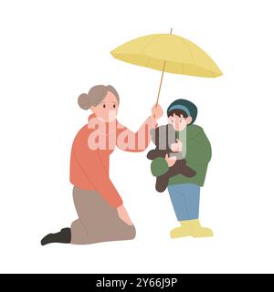 Frau, die Regenschirm über Kind hält, um vor kaltem Regen zu schützen, Kind mit Teddybären-Vektor-Illustration Stock Vektor