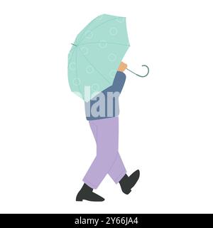 Mann mit Regenschirm und warmer Kleidung, der die Stadtstraße hinunter geht, Vektor-Illustration nach hinten Stock Vektor