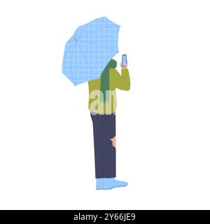 Mann, der blauen karierten Regenschirm und Handy hält, Rückansicht der stehenden Person Vektor-Illustration Stock Vektor