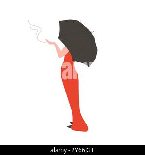 Frau in rotem langem Kleid, das unter Schirm und rauchender Zigarette steht, Rückansicht Vektor-Illustration Stock Vektor