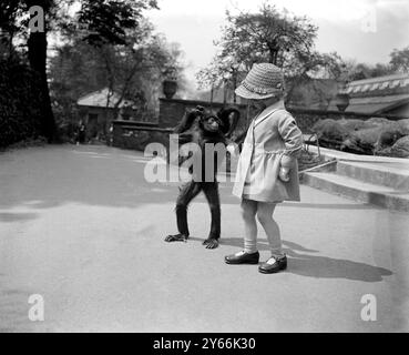 Sally, der Spinnenaffe, macht einen Spaziergang mit einem kleinen Mädchen im Londoner Zoo. 1925 Stockfoto