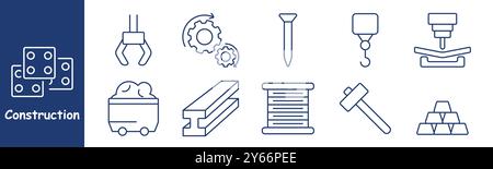Symbol Construction Set. Kran, Zahnräder, Nagel, Haken, Stahlträger, Hammer, Metallblech, Materialien, Bergbauwagen, Montage, Fertigungsprozess, Gebäude m Stock Vektor