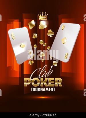 Werbung für ein Pokerturnier im Club. Spielkarten auf rotem Hintergrund. Vektor. Stock Vektor