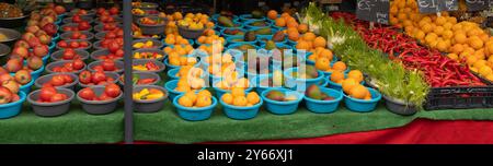 Verschiedene Obst- und Gemüsesorten in blauen Schüsseln auf einem Marktstand. Verschiedene Obst- und Gemüsesorten in blauen Schüsseln zum Verkauf an einem Marktstand. Haagse Markt in den Haag, Niederlande. Äpfel, Tomaten, Paprika, Zitronen, Mangos, chili, Fenchel. niederlande den haag Markt B97A6934 Stockfoto