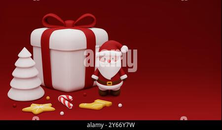 Eine weiße Geschenkbox mit roter Schleife, Weihnachtsbaum und Weihnachtsmann sitzt auf rotem Hintergrund. Festliches Design für eine Weihnachtskarte oder ein Banner mit Stock Vektor