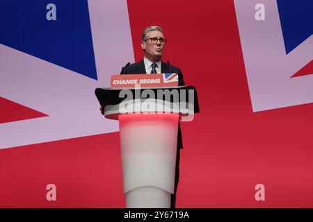 Liverpool, Großbritannien. September 2024. Der britische Premierminister Keir Starmer hält seine Rede auf der Labour Party Conference 2024 in Liverpool am Dienstag, den 24. September 2024. Foto: Hugo Philpott/UPI Credit: UPI/Alamy Live News Stockfoto