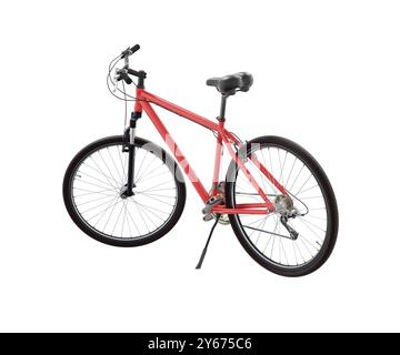 Rotes Fahrrad steht auf Ständer, seitliche Rückansicht isoliert auf weißem Hintergrund, 3D-Illustration Stockfoto