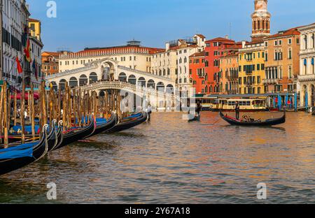 Gondeln, die auf Holzpfählen entlang des Canal Grande in der Nähe der Rialto-Brücke in Venedig, Italien, vertäut sind Stockfoto