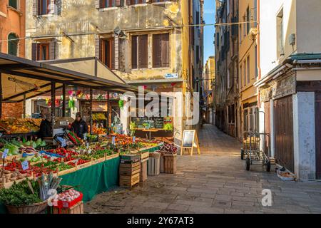 Ein Verkaufsstand für frisches Obst und Gemüse auf dem Rialto-Markt in San Polo Sestiere in Venedig, Italien Stockfoto