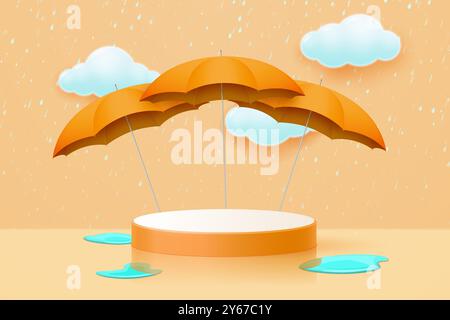 Farbenfrohe Podeste oder Podium unter Regenschirmen auf dem Hintergrund von Regenwolken und Pfützen. Vektorabbildung. Stock Vektor