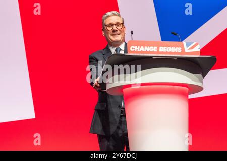 Liverpool, Großbritannien. SEPTEMBER 2024. Keir Starmer, Premierminister des Vereinigten Königreichs, spricht bei der Schlagzeilenrede der Labour Party-Konferenz. Credit Milo Chandler/Alamy Live News Stockfoto