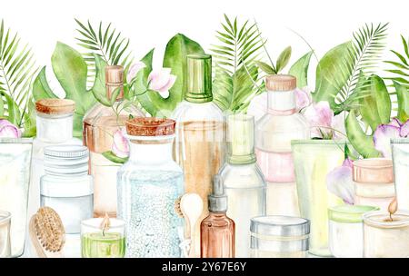 Seamless Border Cosmetics Set, Kerzen und Tropical. Öl, Badesalz, Shampoo und Kerzen. Wasserfarben-Clipart auf weißem Hintergrund. Die Abbildung ist handgezeichnet in Pastellfarben. Geeignet für Kartendesigns, Textilien und Scrapbooking Stockfoto