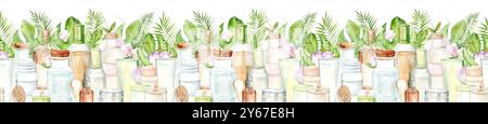 Seamless Border Cosmetics Set, Kerzen und Tropical. Öl, Badesalz, Shampoo und Kerzen. Wasserfarben-Clipart auf weißem Hintergrund. Die Abbildung ist handgezeichnet in Pastellfarben. Geeignet für Kartendesigns, Textilien und Scrapbooking Stockfoto