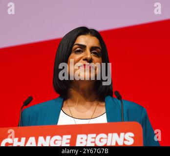 Liverpool, Großbritannien. September 2024. Konferenz Der Arbeitsparteien 2024. Shabana Mahmood Staatssekretärin für Justic und Lordkanzler in einer Rede auf der Labour Party Conference, Liverpool Credit: Della Batchelor/Alamy Live News Stockfoto