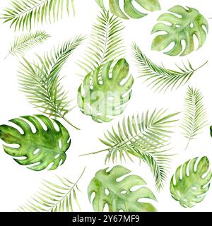 Monstera-Blätter und Palmen nahtloses Muster. Aquarellgrafik die Abbildung ist handgezeichnet. Geeignet für Kartendesigns, Textilien und Scrapbooking Stockfoto