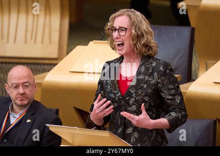 Edinburgh Schottland, Vereinigtes Königreich 24. September 2024. Lorna Slater MSP im schottischen Parlament für die Debatte der schottischen Regierung, der britische Haushalt – Schottlands Prioritäten. Credit sst/alamy Live News Stockfoto