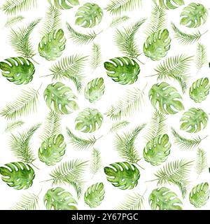 Monstera-Blätter und Palmen nahtloses Muster. Aquarellgrafik die Abbildung ist handgezeichnet. Geeignet für Kartendesigns, Textilien und Scrapbooking Stockfoto