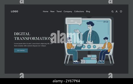 Konzept der digitalen Transformation. Online-Bildungsszene mit Lehrern, die Schüler über einen Computerbildschirm unterrichten. Design der E-Learning-Plattform. Vektorabbildung. Stock Vektor