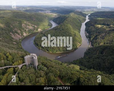 Die Saarschleife, die Saar und der Cloef-Aussichtspunkt. Panoramaaussichtspunkt. Stockfoto