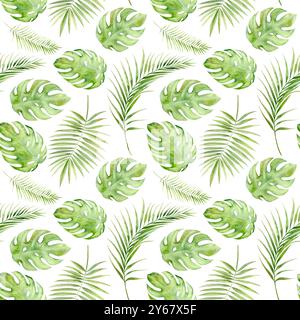 Monstera-Blätter und Palmen nahtloses Muster. Aquarellgrafik die Abbildung ist handgezeichnet. Geeignet für Kartendesigns, Textilien und Scrapbooking Stockfoto