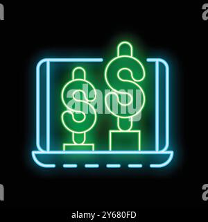 Symbol im Neonstil, das Dollarzeichen auf einem Notebook-Bildschirm zeigt und das Wachstum des Online-Geschäfts repräsentiert Stock Vektor