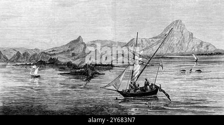 Der Vulkanausbruch von Krakatoa in der Meerenge von Sunda auf halbem Weg zwischen Java und Sumatra. Der Krakatau (Krakatoa) liegt auf der Insel Rakata, 40 km vor der Westküste von Java. Am 27. August 1883 verschwand die indonesische Insel Rakata fast. Tatsächlich gibt es etwa 75 % der Landfläche Rakatas nicht mehr. Es war der heftigste Vulkanausbruch, der in der Weltgeschichte verzeichnet wurde, der die Zerstörung verursachte und mehr als 30.000 Tote forderte. Stockfoto