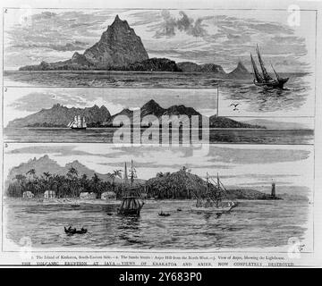 Der Vulkanausbruch von Krakatoa in der Meerenge von Sunda auf halbem Weg zwischen Java und Sumatra. Der Krakatau (Krakatoa) liegt auf der Insel Rakata, 40 km vor der Westküste von Java. Am 27. August 1883 verschwand die indonesische Insel Rakata fast. Tatsächlich gibt es etwa 75 % der Landfläche Rakatas nicht mehr. Es war der heftigste Vulkanausbruch, der in der Weltgeschichte verzeichnet wurde, der die Zerstörung verursachte und mehr als 30.000 Tote forderte. Stockfoto