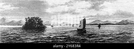 Der Vulkanausbruch von Krakatoa in der Meerenge von Sunda auf halbem Weg zwischen Java und Sumatra. Der Krakatau (Krakatoa) liegt auf der Insel Rakata, 40 km vor der Westküste von Java. Am 27. August 1883 verschwand die indonesische Insel Rakata fast. Tatsächlich gibt es etwa 75 % der Landfläche Rakatas nicht mehr. Es war der heftigste Vulkanausbruch, der in der Weltgeschichte verzeichnet wurde, der die Zerstörung verursachte und mehr als 30.000 Tote forderte. Stockfoto