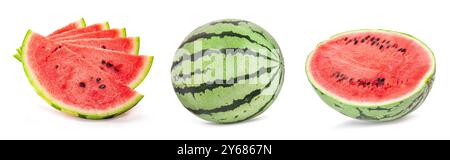 Ganze und halbe Wassermelone isoliert auf weißem Hintergrund. Beschneidungspfad Stockfoto