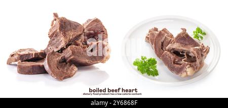 Gekochtes Rinderherz auf weißer Platte mit Perslay. Diätetische Lebensmittel haben einen niedrigen Kaloriengehalt. Isoliert auf weißem Hintergrund Stockfoto