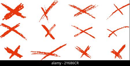 Set von Kreuzformen. Rote X handgezeichnete Schilder Kollektion. Keine Symbole für Abstimmung, Quiz oder Umfrage. Einfache Auswahlsymbole. Kreuzkritzelmarkierung Kind handgeschrieben Stock Vektor