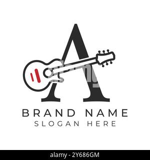 Initial Letter A Gitarrensymbol mit Line Art Style für Akkord. Buchstabe A mit Logo für Musikinstrumente Stock Vektor