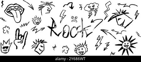 Grunge-Rock-Set mit Doodle-Elementen. Wachsstift zeichnet Mund mit aufgehängter Zunge, Punks und Comic-Gesichter im Stil einer informellen Musik Stock Vektor